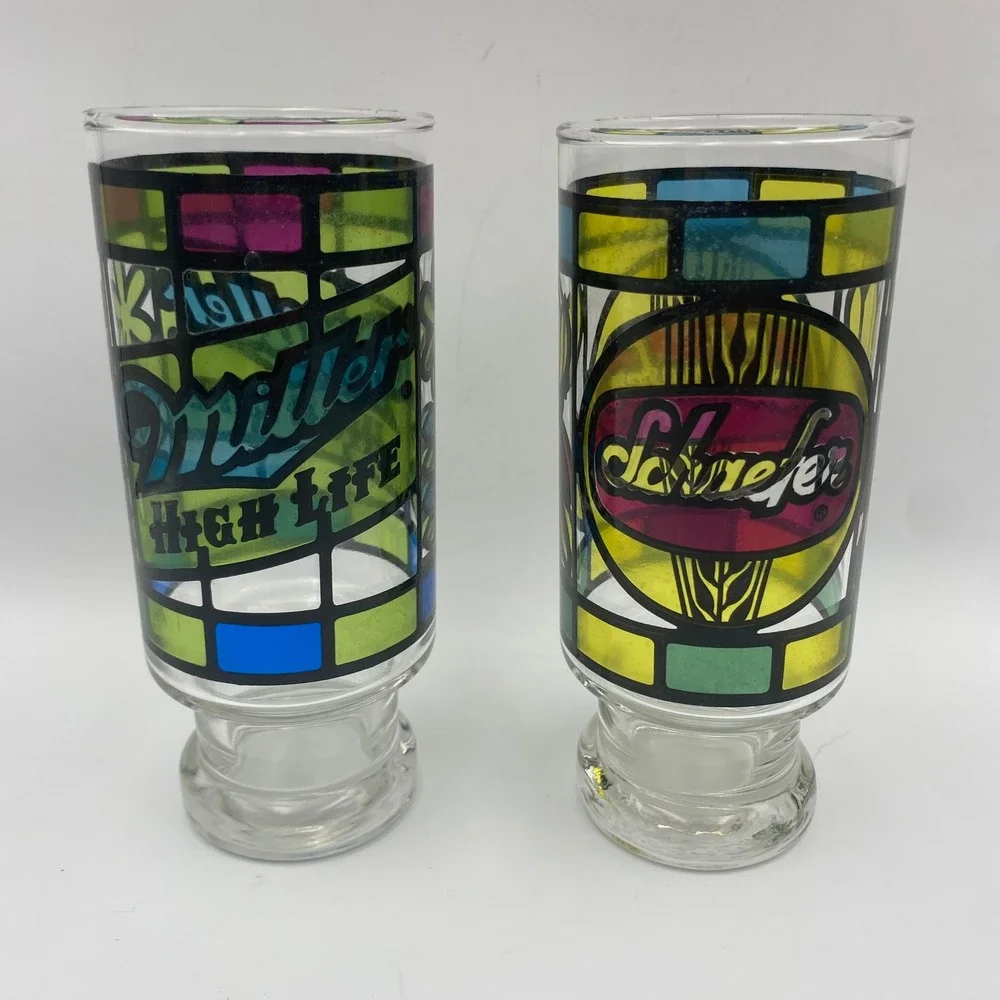 Vintage Stained Glass Beer Glasses Set of 6 PBR Miller Schlitz Falstaff Schaefer